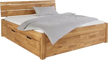 Massivholzbett "Ema" mit Kopfteil und Schubladen - Wildeiche geölt