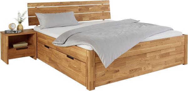 Massivholzbett "Ema" mit Kopfteil und Schubladen - Wildeiche geölt